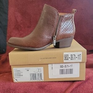 Lucky Brand Roasted Brown Textured Leather Ankle Bootie